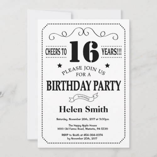 16th Birthday Invitation Black and White