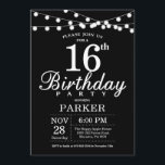 16th Birthday Invitation Black and White<br><div class="desc">16th Birthday Invitation with String Lights. Black Background. Kids Birthday. Boy or Girl Lady Elegant bday Invite. 13th 15th 16th 18th 20th 21st 30th 40th 50th 60th 70th 80th 90th 100th, Any age. For further customization, please click the "Customize it" button and use our design tool to modify this template....</div>