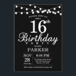 16th Birthday Invitation Black and White<br><div class="desc">16th Birthday Invitation with String Lights. Black Background. Kids Birthday. Boy or Girl Lady Elegant bday Invite. 13th 15th 16th 18th 20th 21st 30th 40th 50th 60th 70th 80th 90th 100th, Any age. For further customization, please click the "Customize it" button and use our design tool to modify this template....</div>