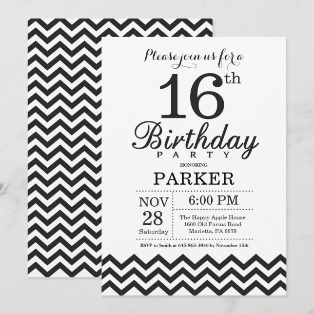 16th Birthday Invitation Black and White Chevron (Front/Back)