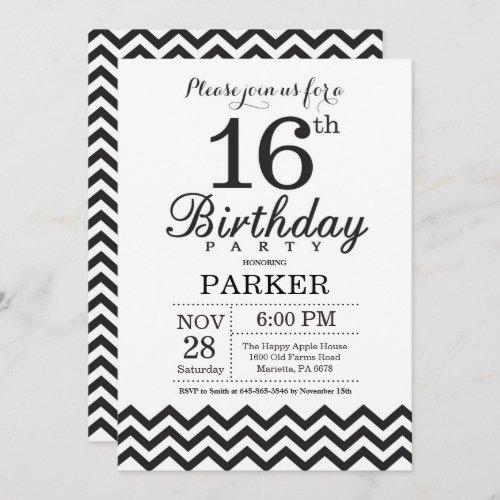 16th Birthday Invitation Black and White Chevron