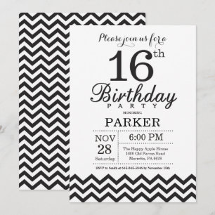 16th Birthday Invitation Black and White Chevron