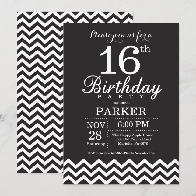 16th Birthday Invitation Black and White Chevron (Front/Back)
