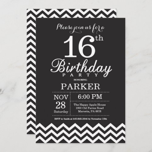 16th Birthday Invitation Black and White Chevron