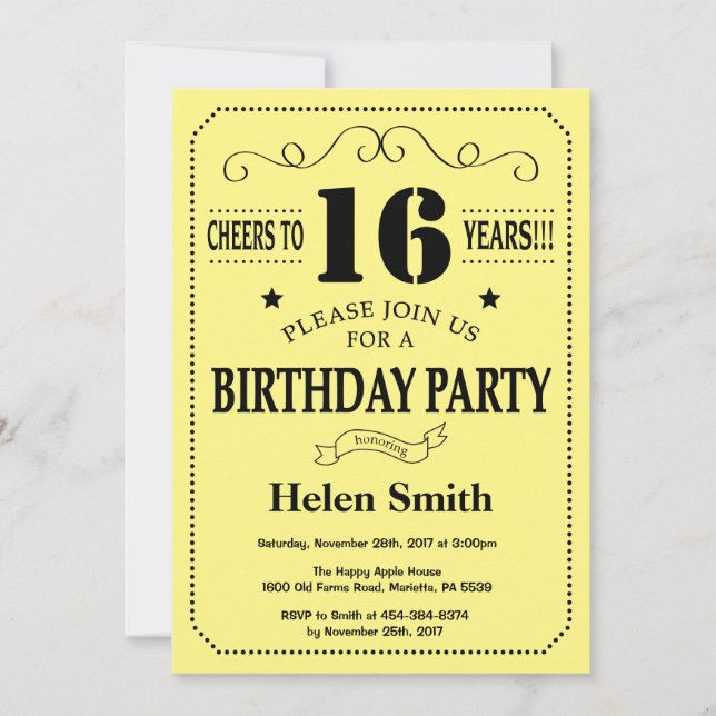 16th Birthday Invitation Black and Yellow (Front)