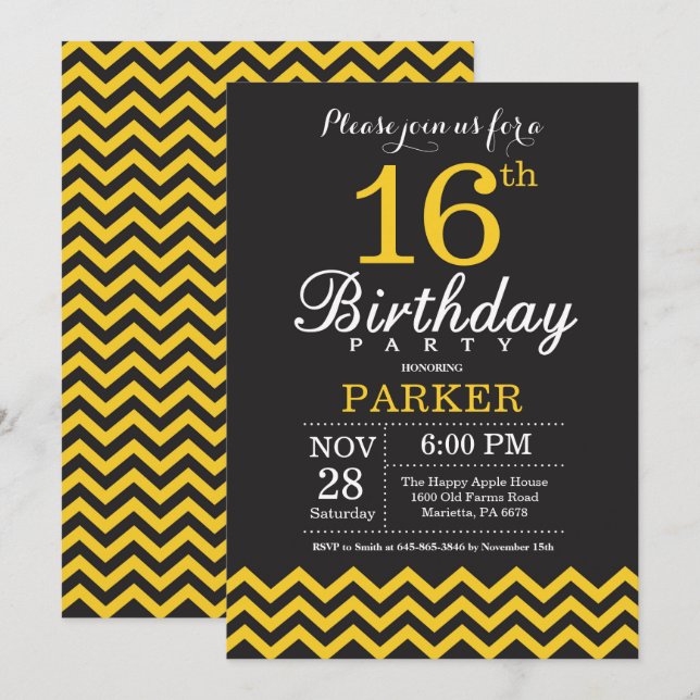 16th Birthday Invitation Black and Yellow Chevron (Front/Back)