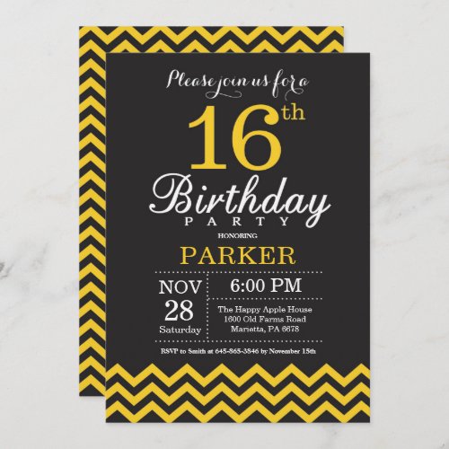 16th Birthday Invitation Black and Yellow Chevron