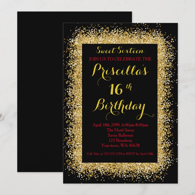 16th Birthday invitation, black, swirl, gold red Invitation (Front/Back)