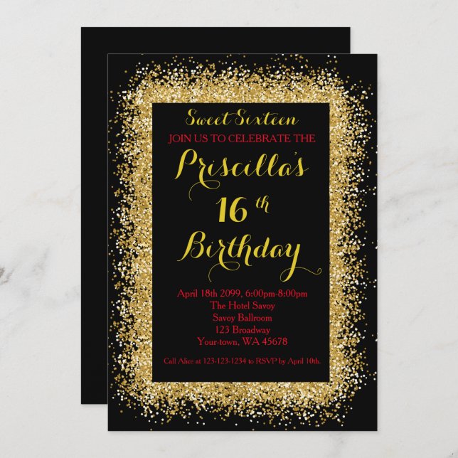 16th Birthday invitation, black, swirl, gold red Invitation (Front/Back)
