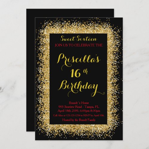 16th Birthday invitation black swirl gold red Invitation