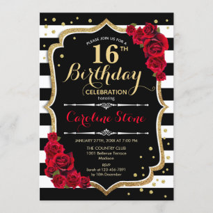 16th Birthday Invitation Black White Stripes Roses