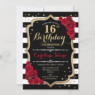 16th Birthday Invitation Black White Stripes Roses