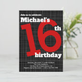 16th Birthday Invitation Black with Red Accent, (Standing Front)