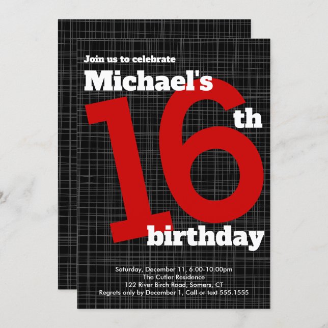 16th Birthday Invitation Black with Red Accent, (Front/Back)