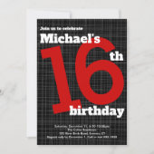 16th Birthday Invitation Black with Red Accent, (Front)