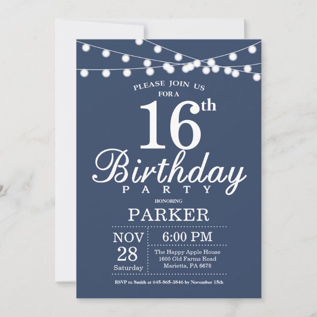 16th Birthday Invitation Blue (Front)