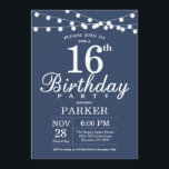 16th Birthday Invitation Blue<br><div class="desc">16th Birthday Invitation with String Lights. Blue Background. Kids Birthday. Boy or Girl Lady Elegant bday Invite. 13th 15th 16th 18th 20th 21st 30th 40th 50th 60th 70th 80th 90th 100th, Any age. For further customization, please click the "Customize it" button and use our design tool to modify this template....</div>