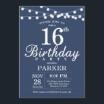 16th Birthday Invitation Blue<br><div class="desc">16th Birthday Invitation with String Lights. Blue Background. Kids Birthday. Boy or Girl Lady Elegant bday Invite. 13th 15th 16th 18th 20th 21st 30th 40th 50th 60th 70th 80th 90th 100th, Any age. For further customization, please click the "Customize it" button and use our design tool to modify this template....</div>