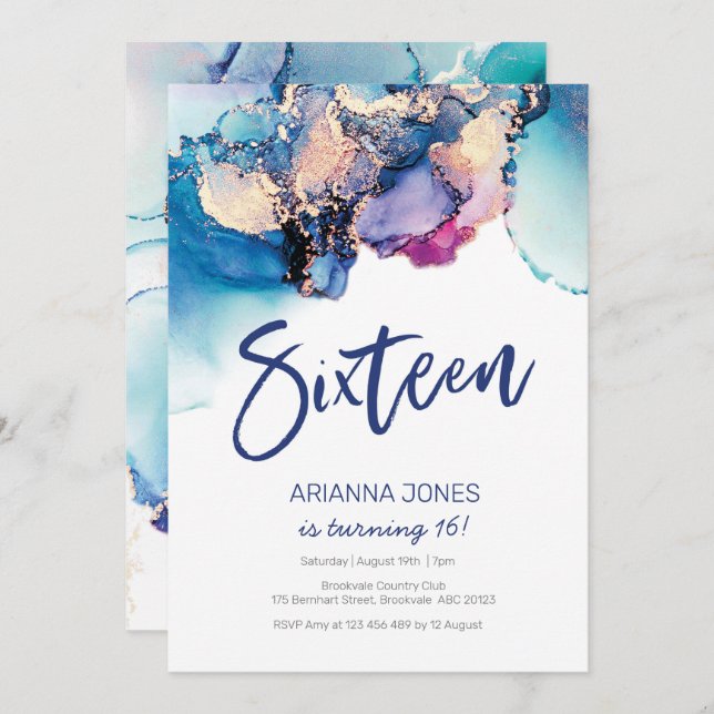 16th Birthday Invitation Blue Abstract Watercolor (Front/Back)