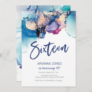 16th Birthday Invitation Blue Abstract Watercolor