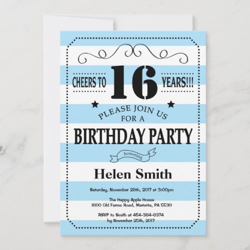 16th Birthday Invitation Blue and White Stripes