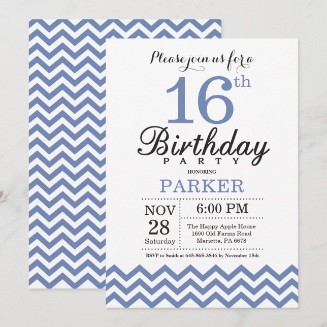 16th Birthday Invitation Blue Chevron (Front/Back)
