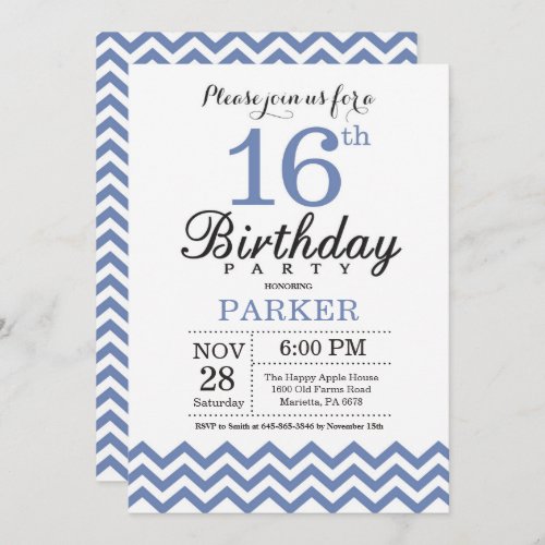 16th Birthday Invitation Blue Chevron