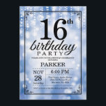 16th Birthday Invitation Blue Glitter<br><div class="desc">16th Birthday Invitation with Blue String Lights with Blue Glitter Background. Blue Birthday. Kids Birthday. Boy or Girl Bday Invite. 13th 15th 16th 18th 20th 21st 30th 40th 50th 60th 70th 80th 90th 100th, Any age. For further customization, please click the "Customize it" button and use our design tool to...</div>