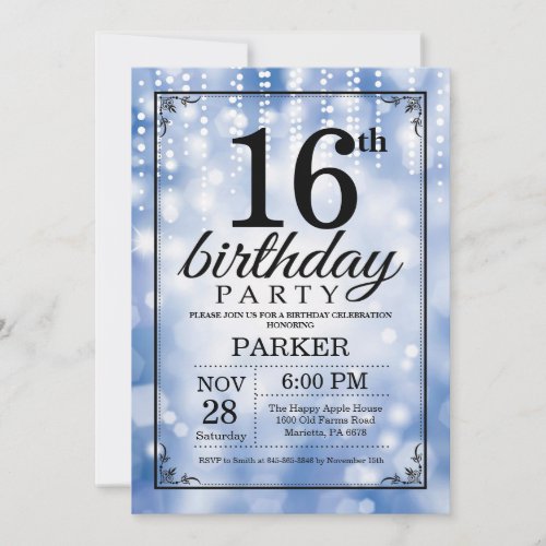 16th Birthday Invitation Blue Glitter
