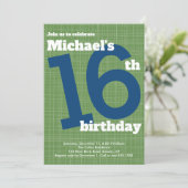 16th Birthday Invitation Blue with Green Accent, (Standing Front)