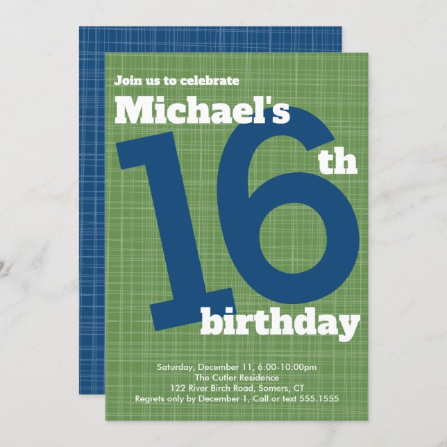 16th Birthday Invitation Blue with Green Accent, (Front/Back)