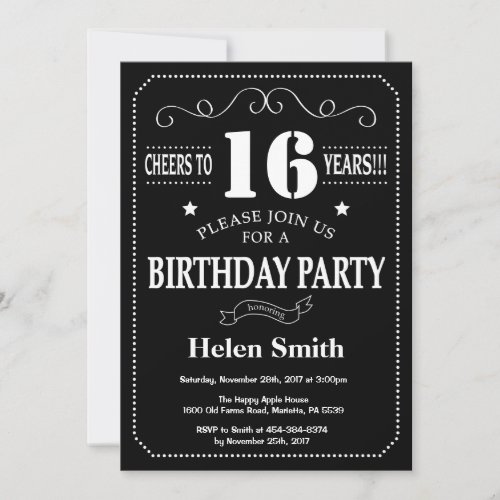 16th Birthday Invitation Chalkboard