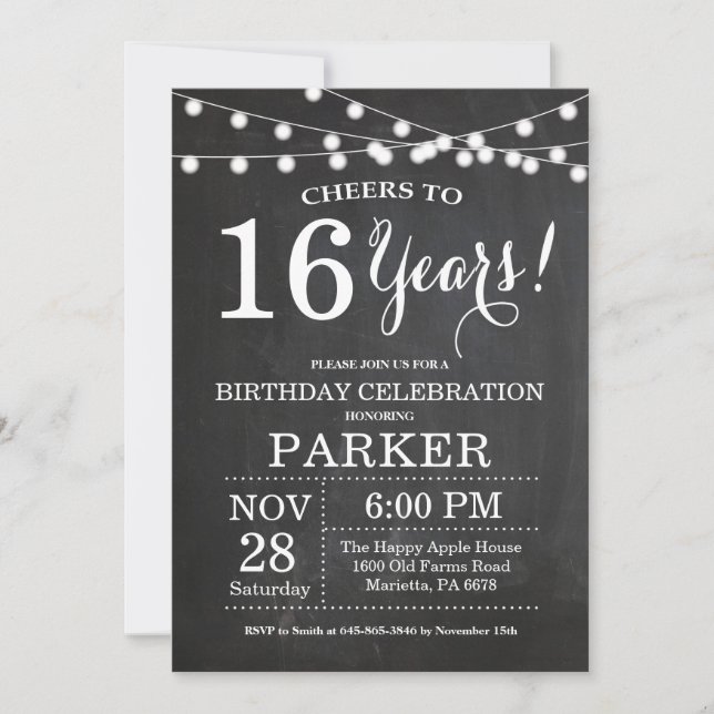 16th Birthday Invitation Chalkboard (Front)