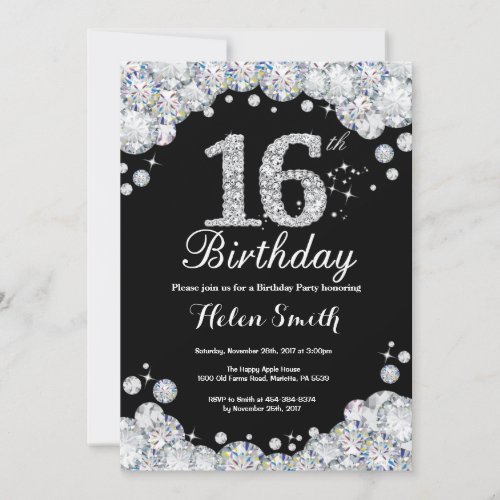 16th Birthday Invitation Chalkboard Silver Diamond