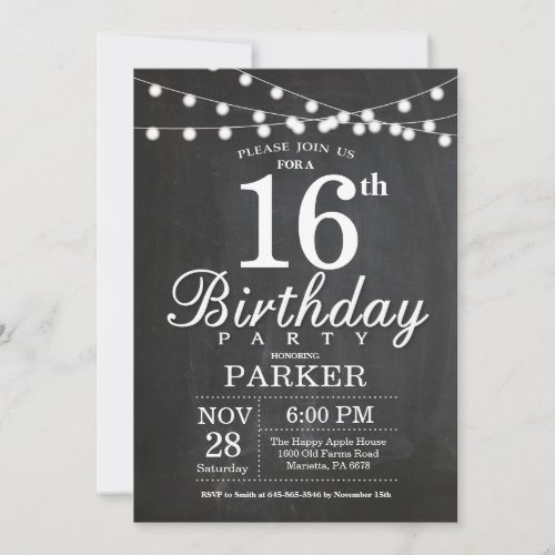 16th Birthday Invitation Chalkboard String Lights
