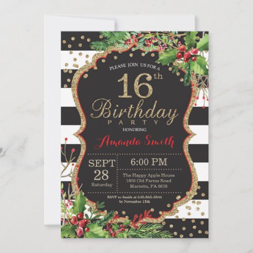 16th Birthday Invitation Christmas Red Black Gold Invitation