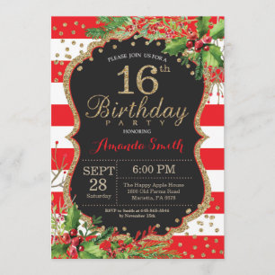 16th Birthday Invitation. Christmas Red Black Gold Invitation