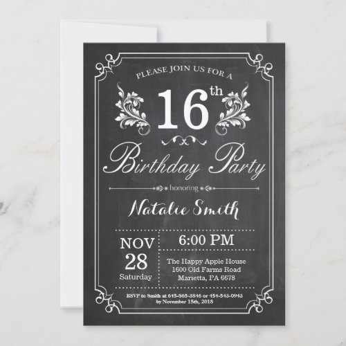 16th Birthday Invitation Floral Chalkboard