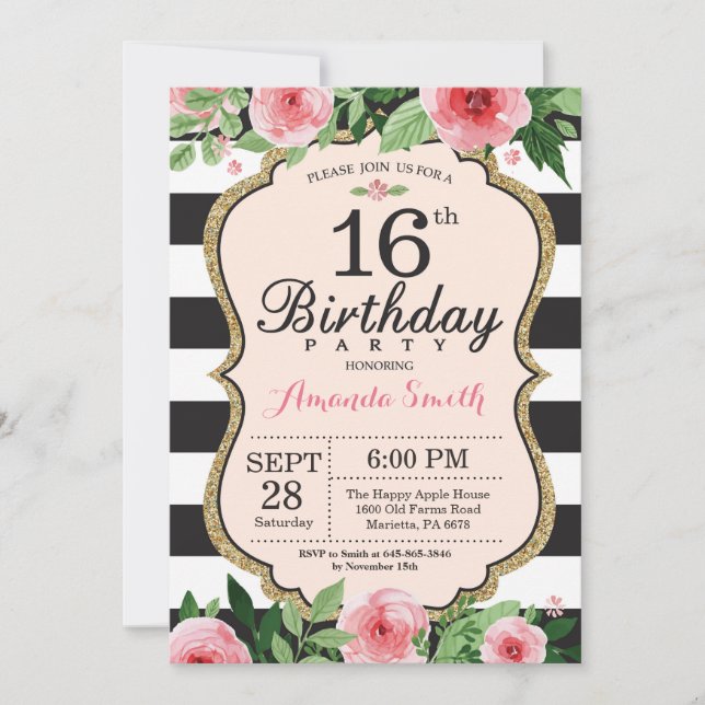 16th Birthday Invitation. Floral Pink Gold Black Invitation (Front)