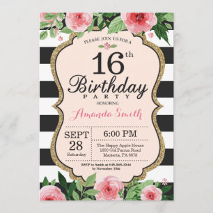 16th Birthday Invitation. Floral Pink Gold Black Invitation