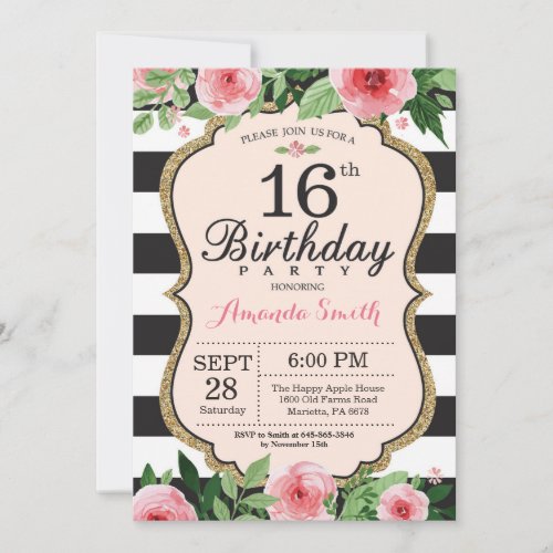 16th Birthday Invitation Floral Pink Gold Black Invitation