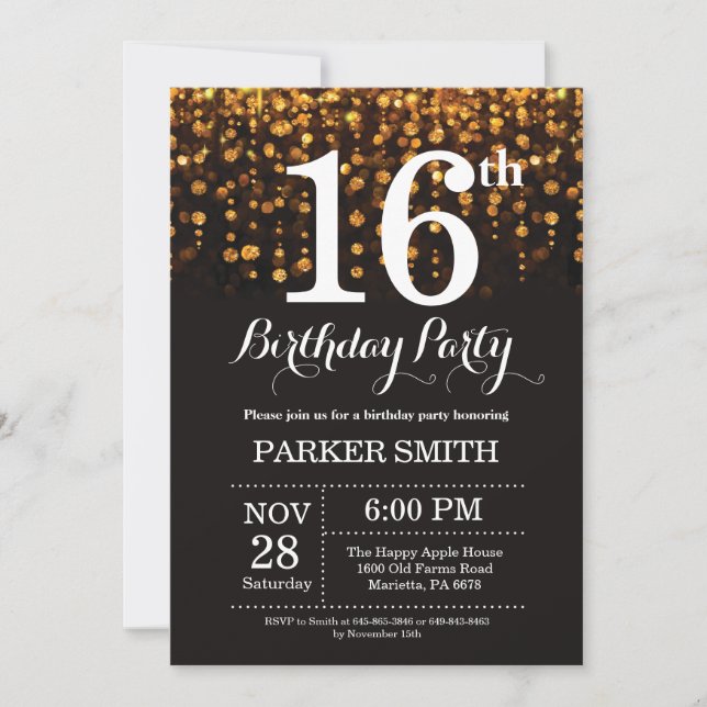 16th Birthday Invitation Gold Glitter (Front)