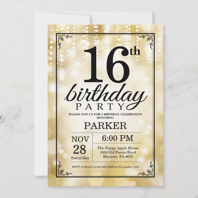 16th Birthday Invitation Gold Glitter (Front)