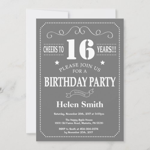 16th Birthday Invitation Gray and White