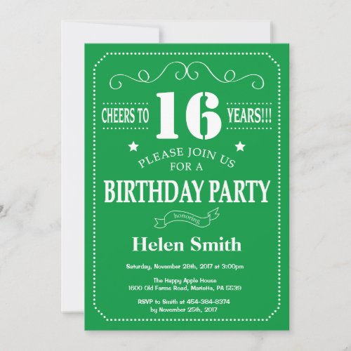 16th Birthday Invitation Green and White