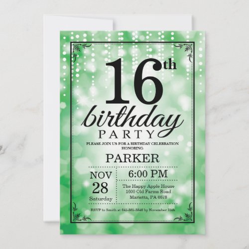 16th Birthday Invitation Green Glitter