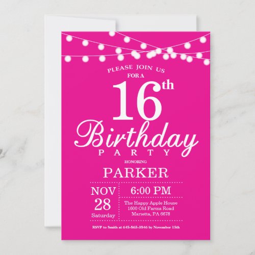 16th Birthday Invitation Hot Pink