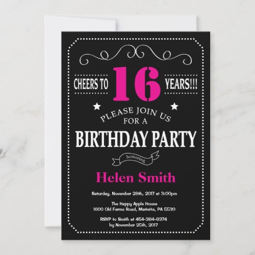 16th Birthday Invitation Hot Pink Black Chalkboard