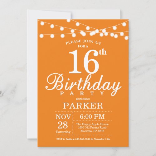 16th Birthday Invitation Orange