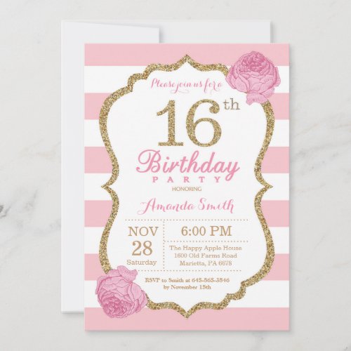 16th Birthday Invitation Pink and Gold Floral